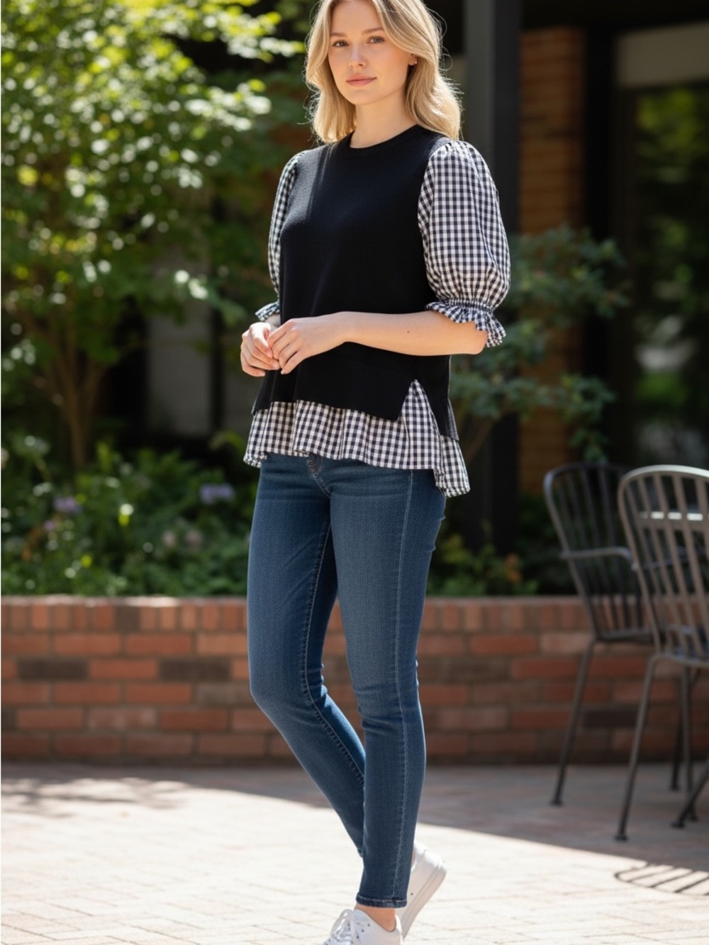 💙 NANETTE LEPORE Navy Knit Top with Gingham Puff Sleeves Size Medium